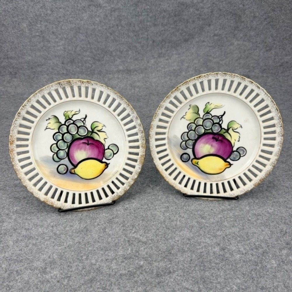 Vintage Japan Porcelain Pierced Reticulated Fruit Plates Set of 2 Hand Painted